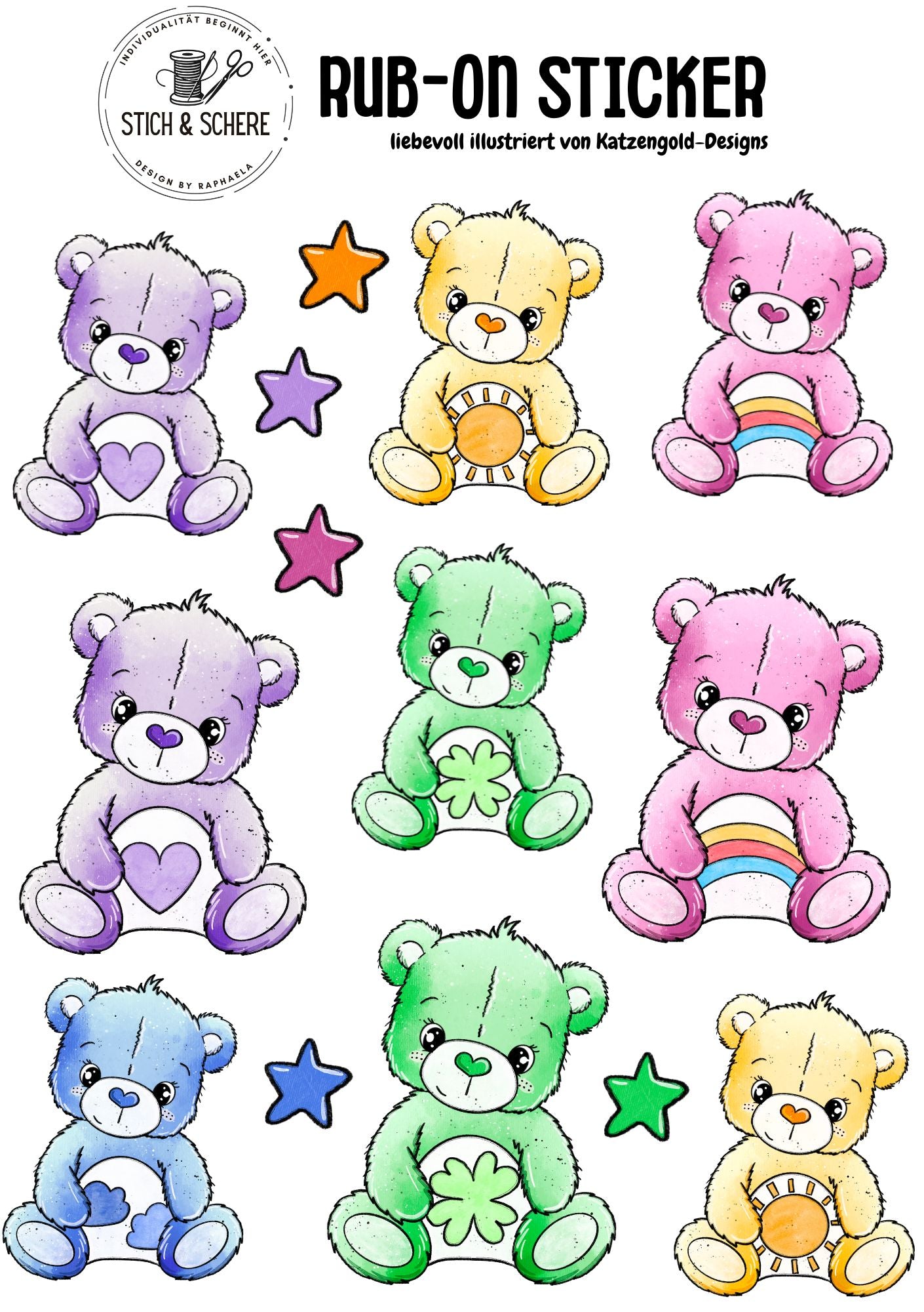 Rub-On-Sticker-Sheet „Regenbogenbärchen“ im DIN A5-Format mit bunten Bären und Sternen – handgezeichnet von Katzengold-Designs für Stich & Schere.