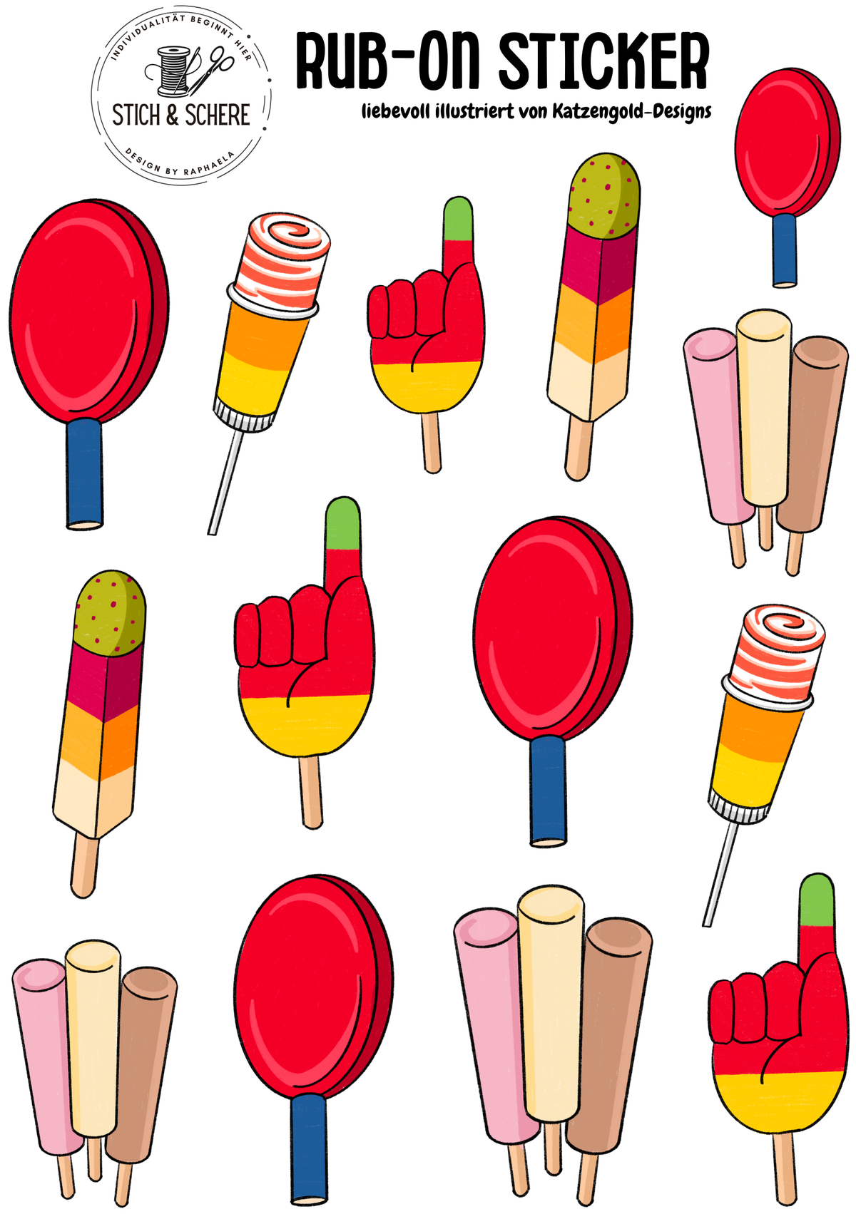 Retro Eis Rub-On Sticker DIN A5 mit bunten nostalgischen Eis-Klassikern und verschiedenen Stieleis-Motiven von Katzengold-Designs