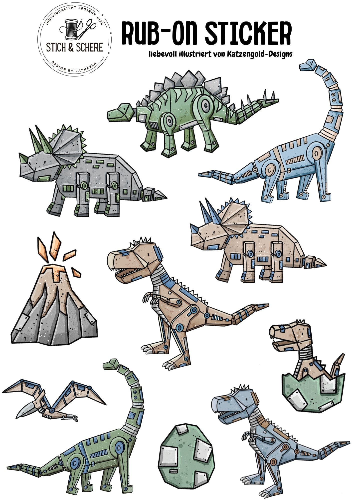 Rub-On-Sticker-Sheet „Robodinos“ im DIN A5-Format mit mechanischen Dinosauriern, Vulkan und Dino-Eiern – handgezeichnet von Katzengold-Designs für Stich & Schere.
