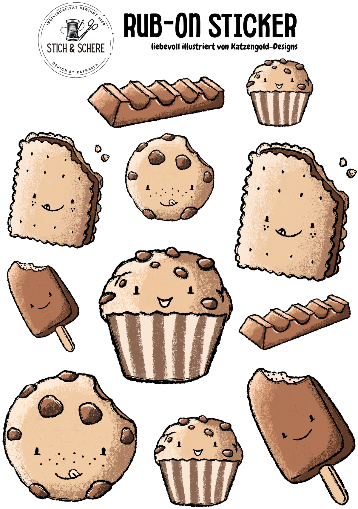 Schoki Rub-On Sticker DIN A5 mit süßen Cookies, Muffins, Schokoriegeln, Keksen und Schoko-Eis von Katzengold-Designs