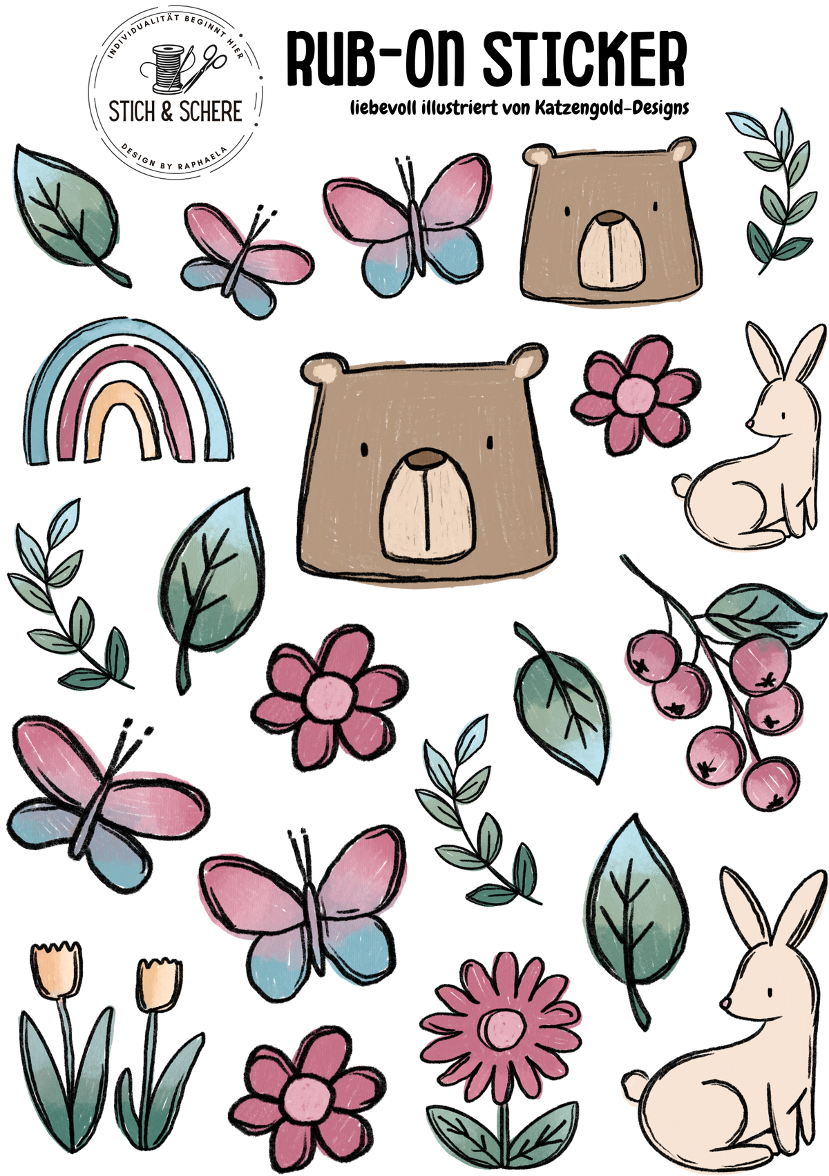 Spring Parts Rub-On Sticker DIN A5 mit Bären, Häschen, Schmetterlingen, Blumen, Blättern und Regenbogen von Katzengold-Designs