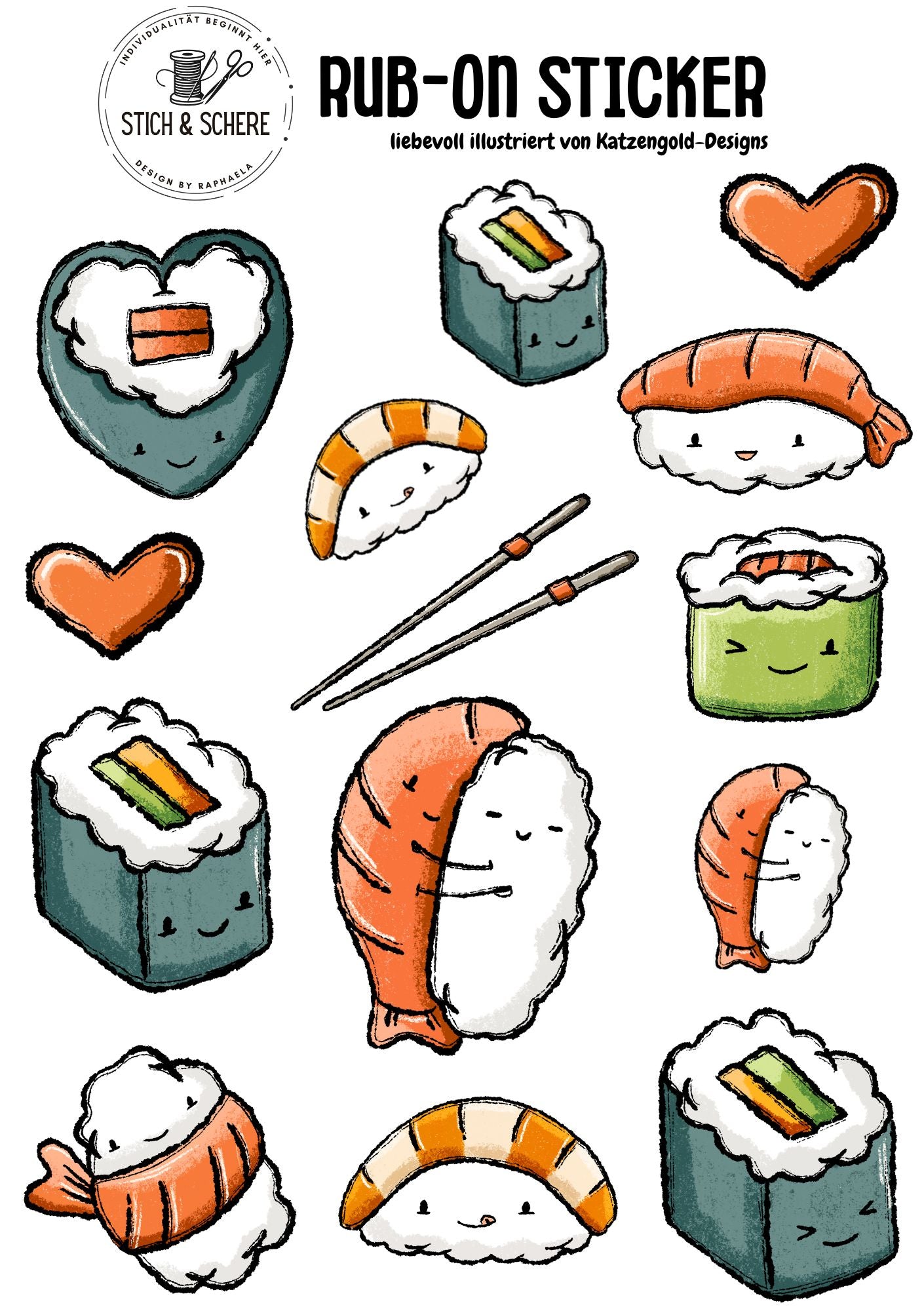 Rub-On-Sticker-Sheet „Sushilein“ im DIN A5-Format mit niedlichen Sushi-Motiven und Herzchen – handgezeichnet von Katzengold-Designs für Stich & Schere.