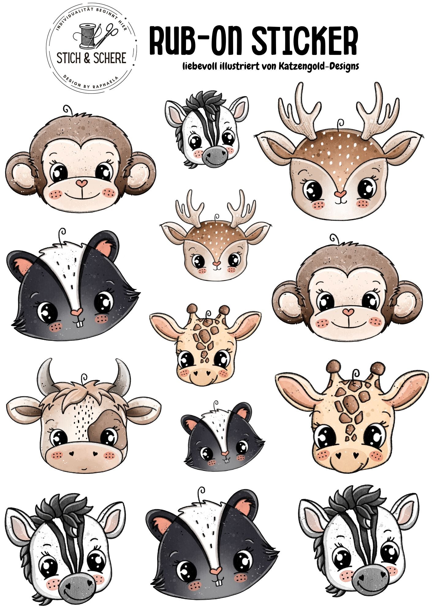 Rub-On-Sticker-Sheet „Tierisch Wild“ im DIN A5-Format mit niedlichen Tiermotiven wie Affe, Zebra, Giraffe und Reh – handgezeichnet von Katzengold-Designs für Stich & Schere.