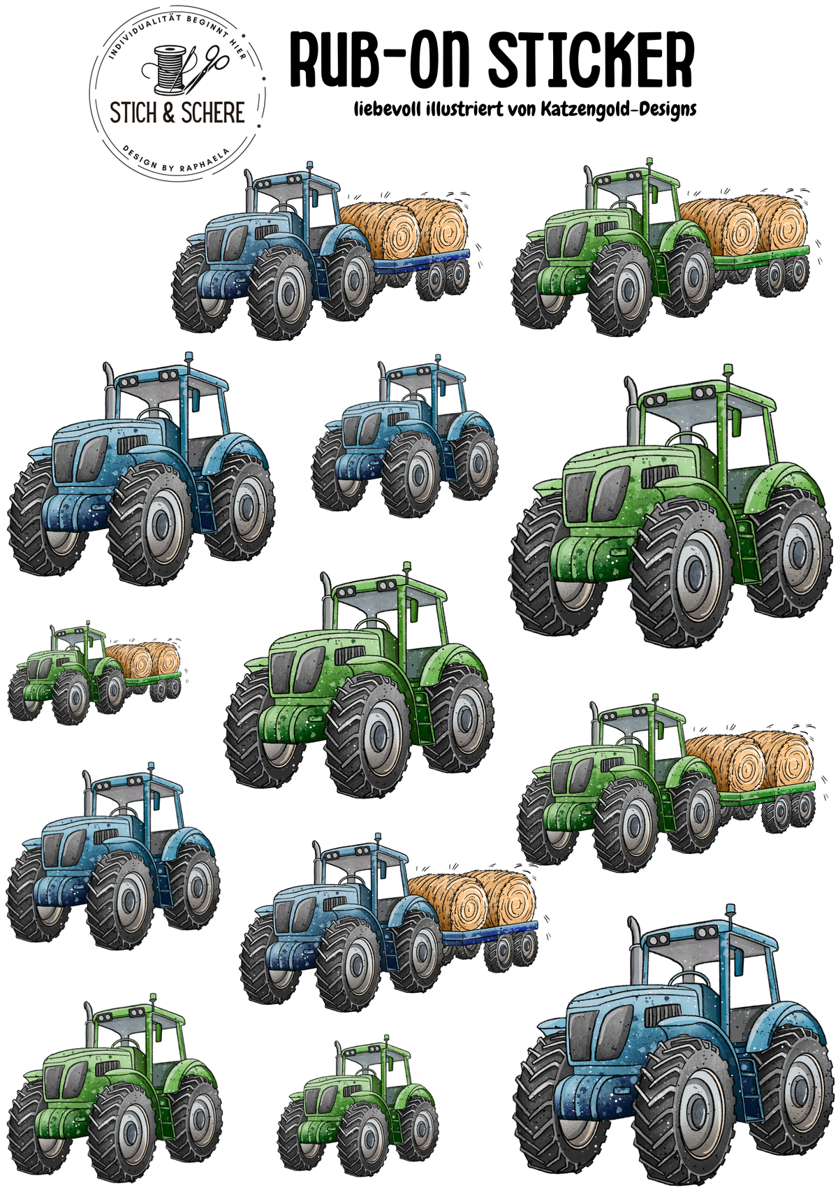 Trecker Crew Rub-On Sticker DIN A5 mit grünen und blauen Treckern sowie Traktoren mit Anhängern und Heuballen von Katzengold-Designs