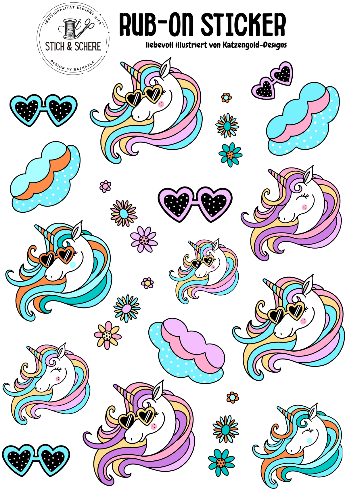 Unicorn Day Rub-On Sticker DIN A5 mit bunten Einhörnern, Herz-Sonnenbrillen, Blumen und pastellfarbenen Wolken von Katzengold-Designs
