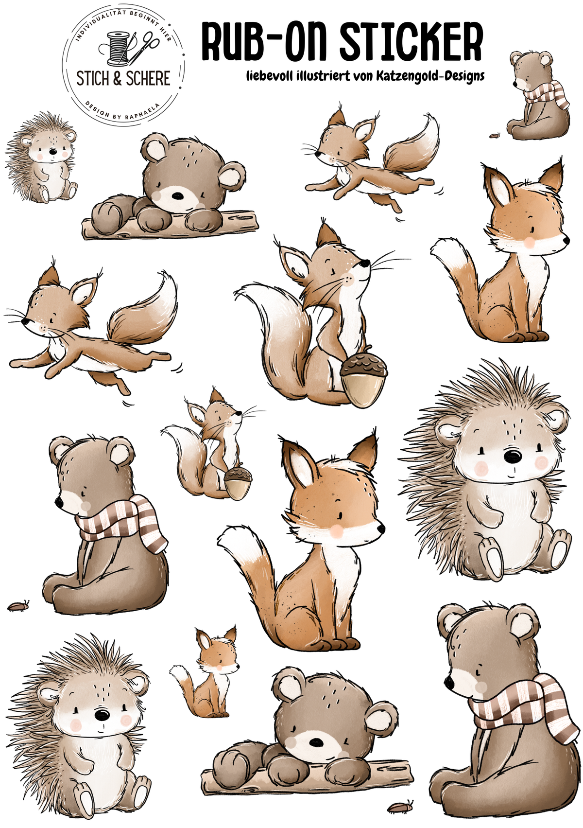 Waldtier Team Rub-On Sticker DIN A5 mit Füchsen, Bären, Igeln und Eichhörnchen von Katzengold-Designs