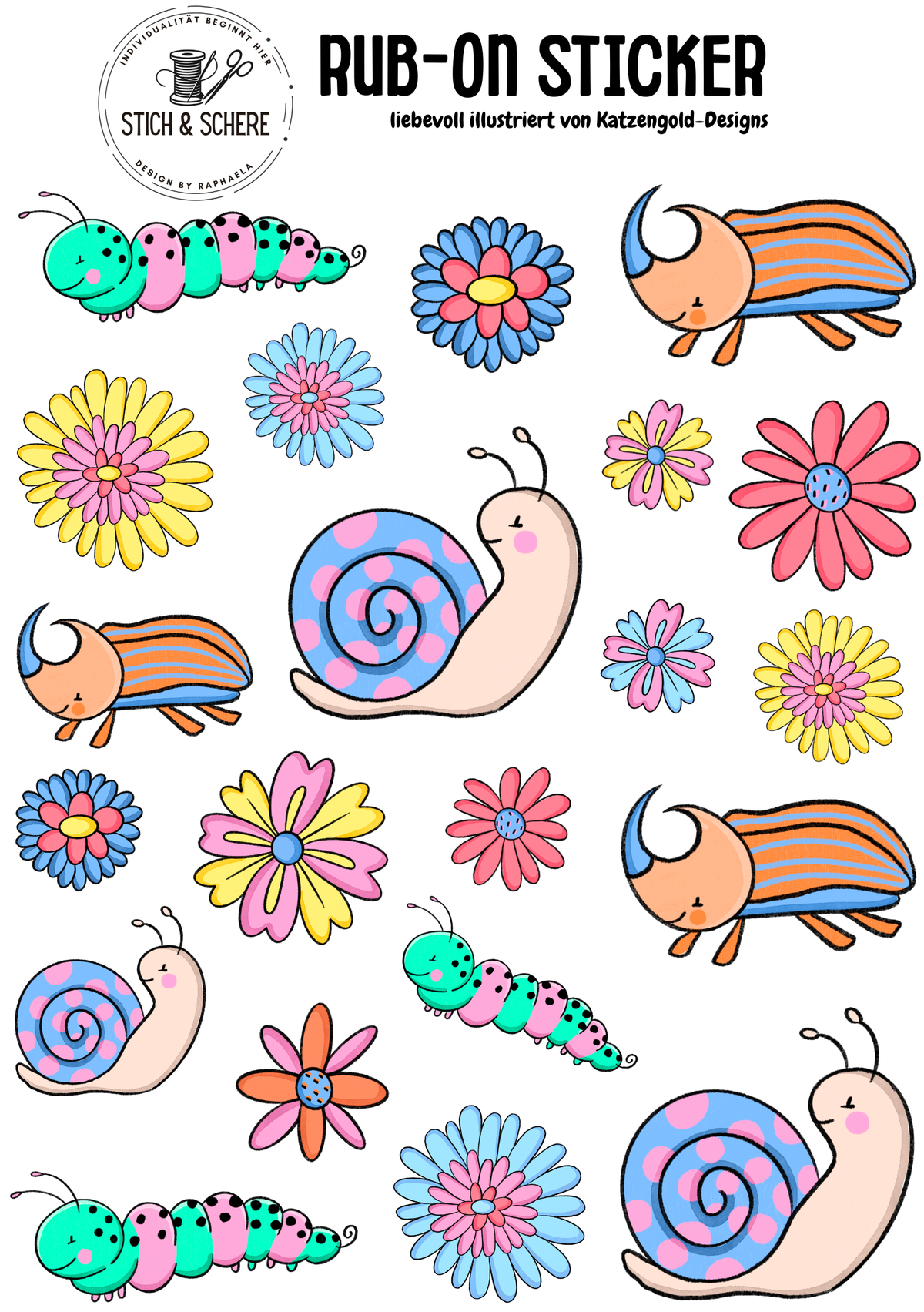 Wiesenkrabbler Rub-On Sticker DIN A5 mit bunten Schnecken, Raupen, Käfern und farbenfrohen Blumen von Katzengold-Designs