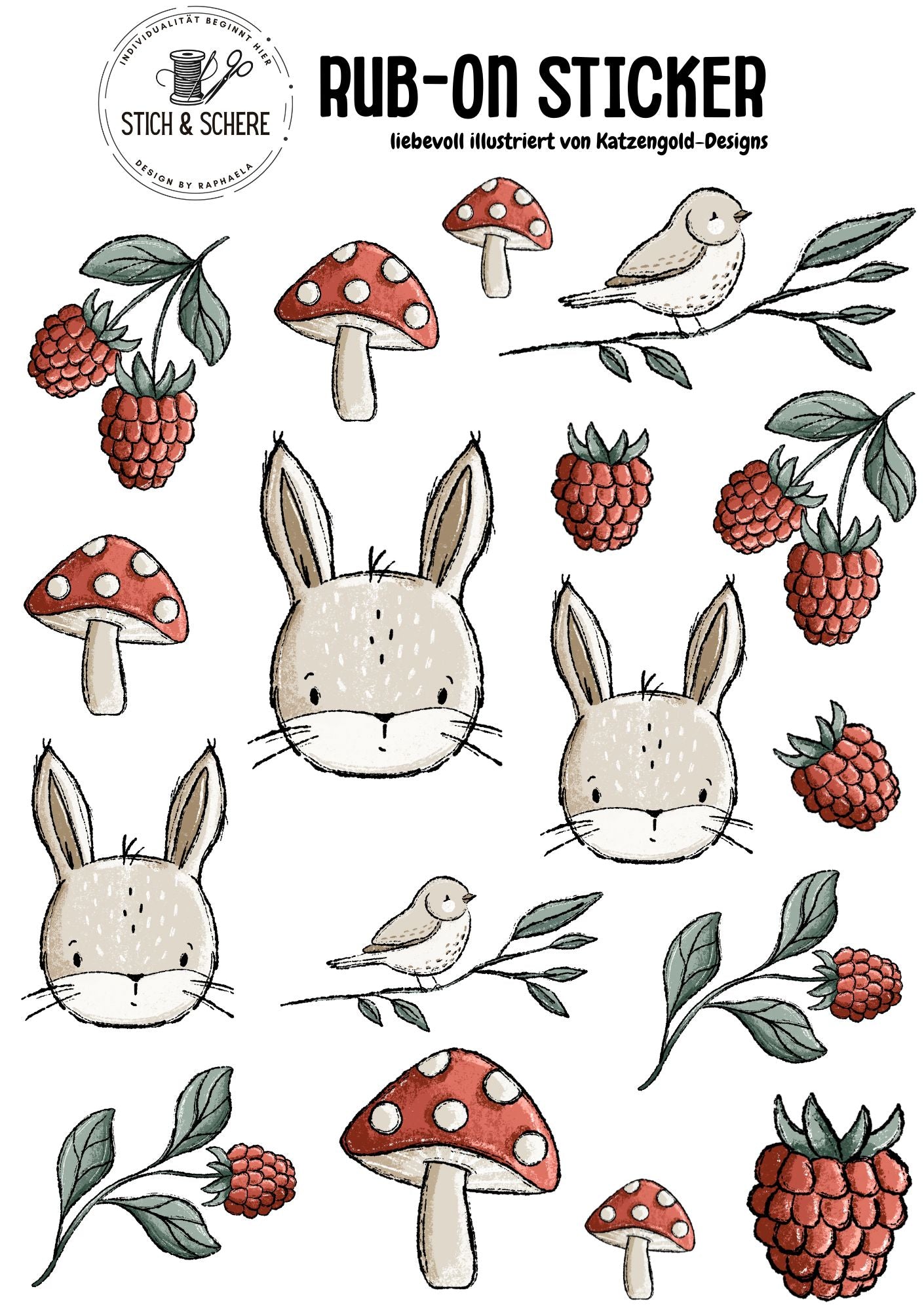 Rub-On-Sticker-Sheet „Wiesentag“ im DIN A5-Format mit Häschen, Beeren, Vögeln und Pilzen – handgezeichnet von Katzengold-Designs für Stich & Schere.