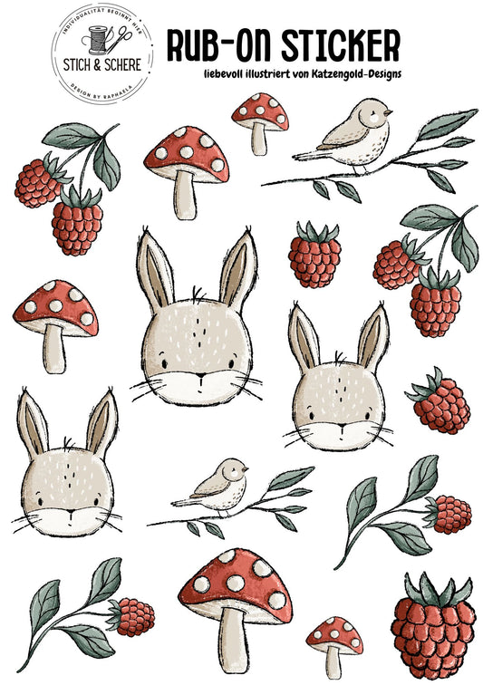 Rub-On-Sticker-Sheet „Wiesentag“ im DIN A5-Format mit Häschen, Beeren, Vögeln und Pilzen – handgezeichnet von Katzengold-Designs für Stich & Schere.