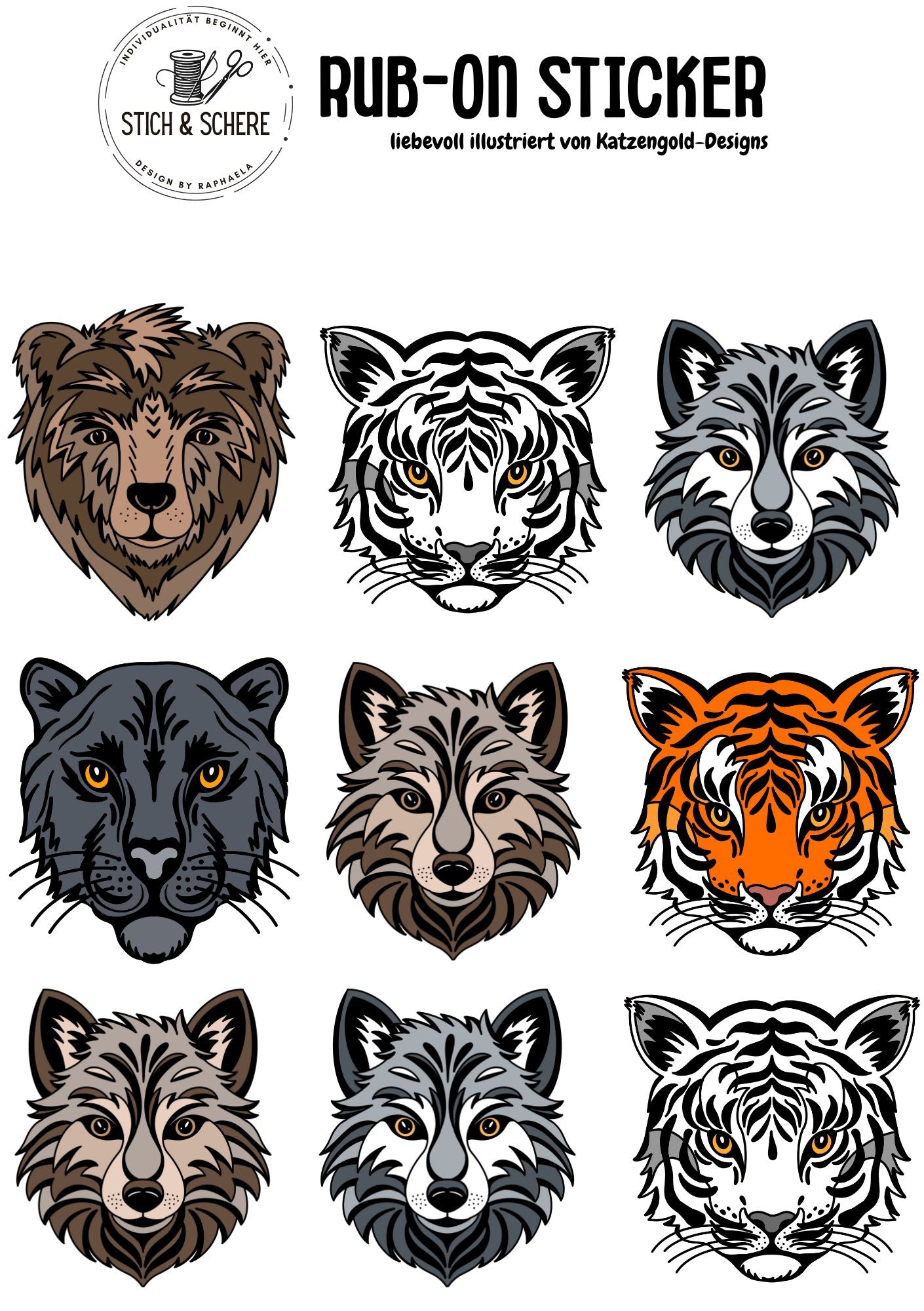 Rub-On-Sticker-Sheet „Wildlife“ im DIN A5-Format mit Tiermotiven wie Tiger, Wolf, Bär und Panther – handgezeichnet von Katzengold-Designs für Stich & Schere.