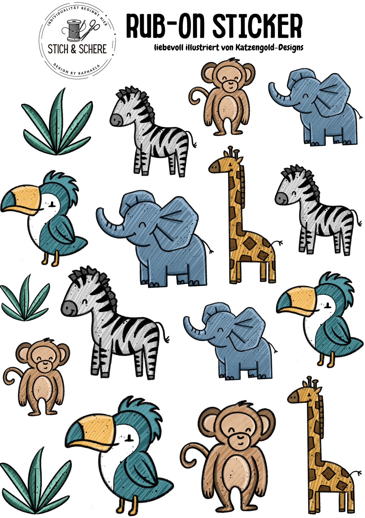 Wildtopia Rub-On Sticker DIN A5 mit Zebra, Elefant, Giraffe, Affe, Tukan und grünen Blättern von Katzengold-Designs