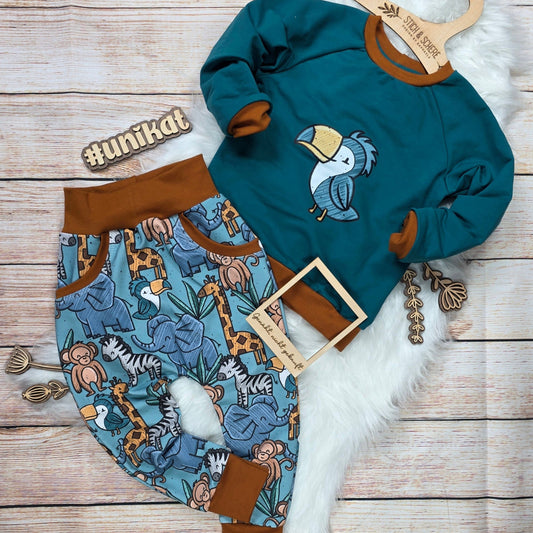 Handgenähtes Kinder Set Wildtopia Tukan in Größe 104 mit Pullover aus French Terry und passender Safari-Pumphose