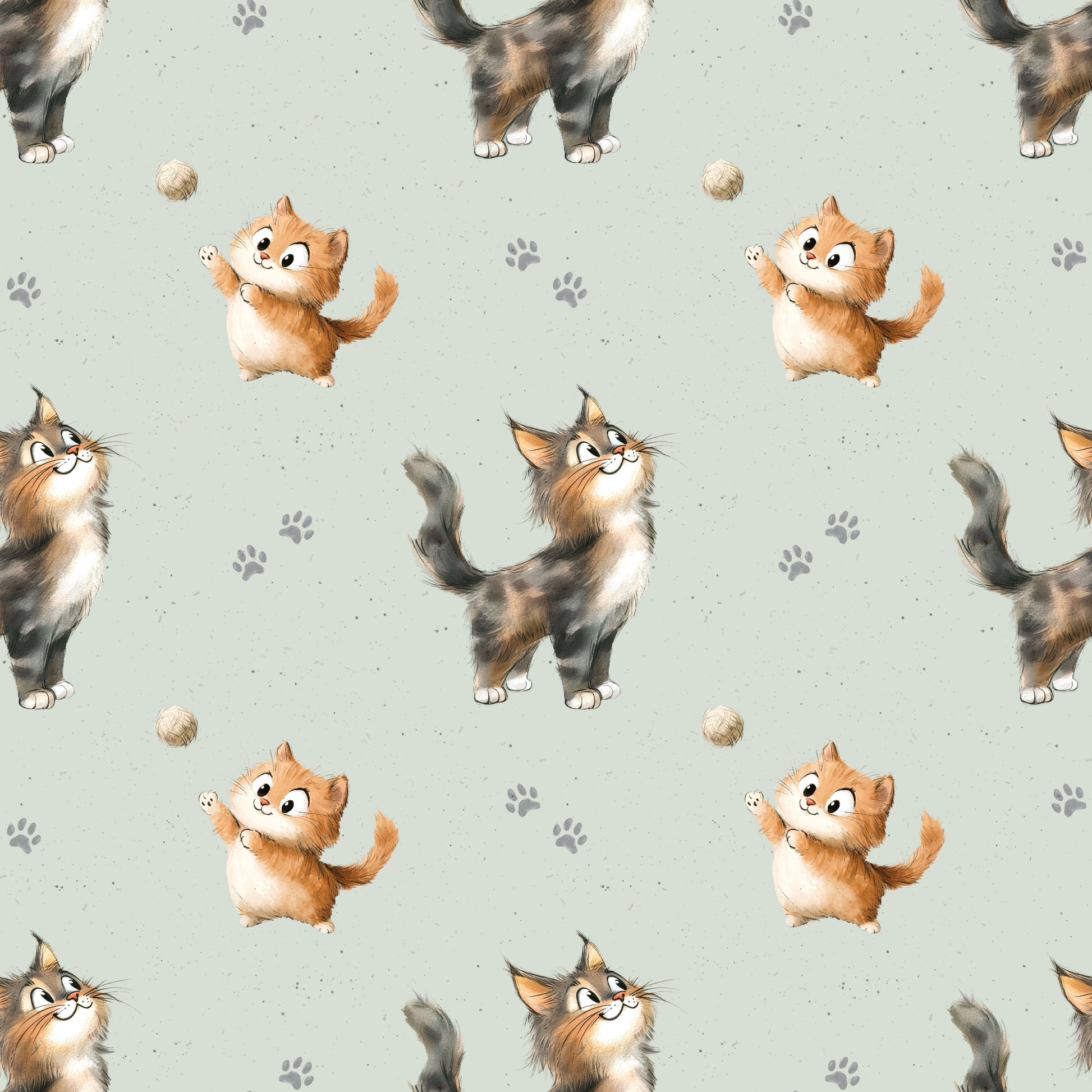 Stoff mit verspieltem Kätzchen-Design auf hellgrünem Hintergrund.