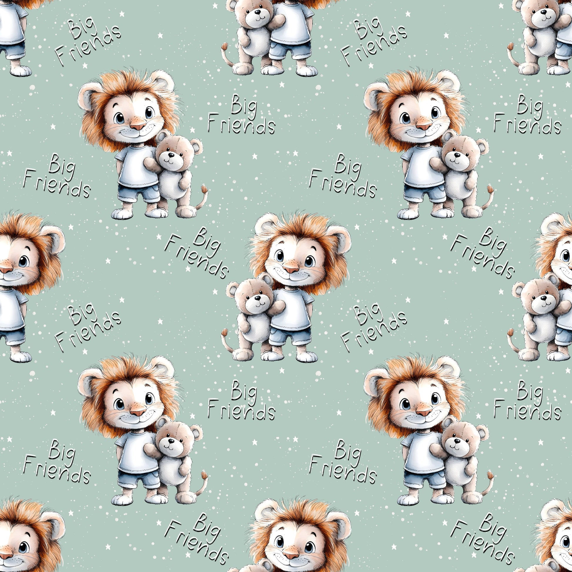 Stoff „Big Friends“ mit Löwenmotiv und Teddybär auf mintgrünem Hintergrund. Perfekter Kinderstoff.