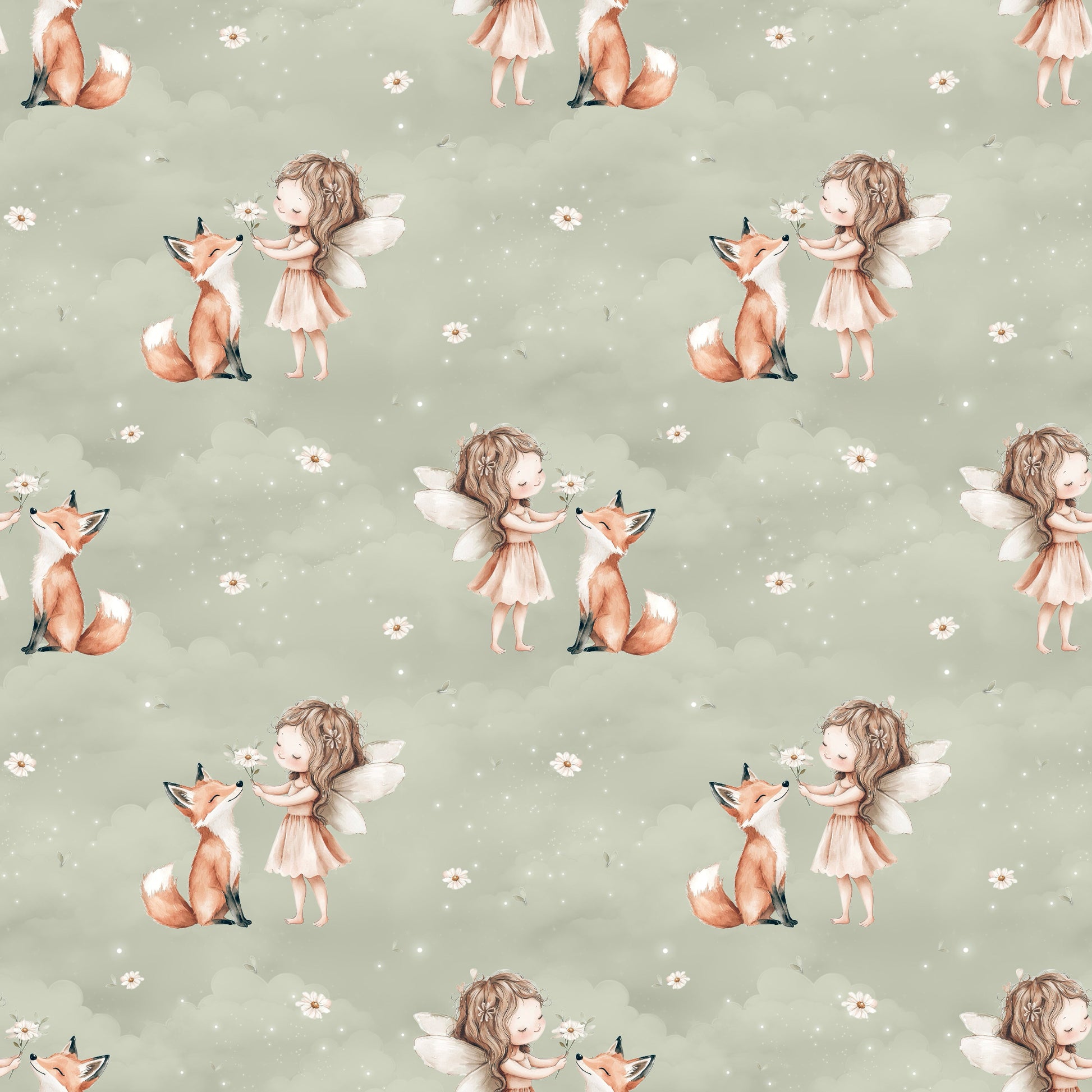 Stoff mit liebevollem Feen- und Fuchsdesign auf grünem Hintergrund.