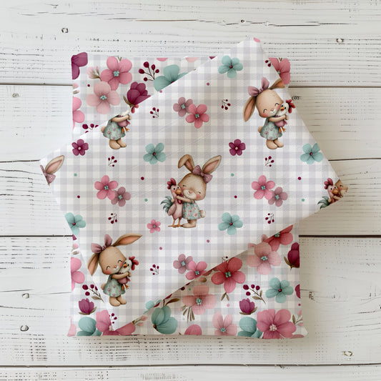 Stoffdesign Blütenhäschen & Huhn mit Häschen, Blumen und kleinem Huhn auf kariertem Frühlingshintergrund