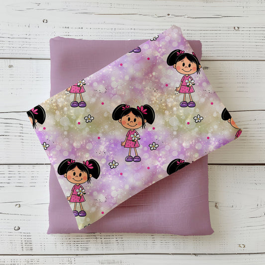 Kinderstoff Blumenmädchen – Perfekt für Jersey und French Terry, ideal für Baby- und Kinderkleidung.