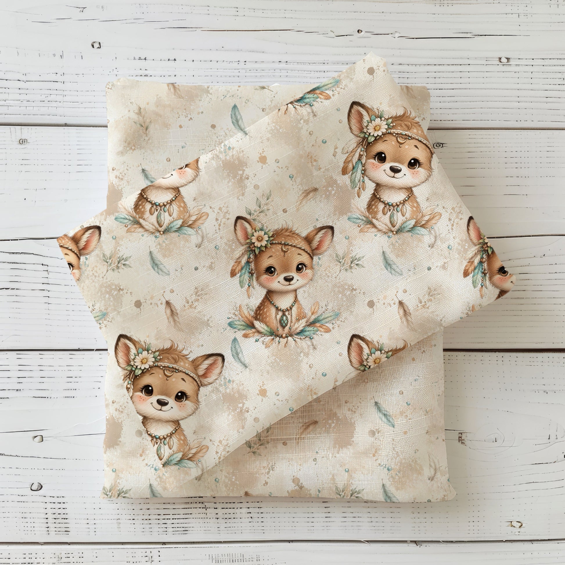 Boho Reh Stoff mit niedlichen Rehkindern, Federn und floralen Boho-Elementen in Beige, Creme und Türkis, kombiniert mit passendem Kombistoff.