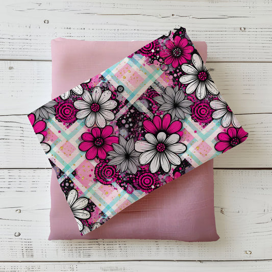 Candy Daisy Stoffdesign mit großen Blüten in Pink, Weiß und Grau auf rosa-mintfarbenem Karomuster kombiniert mit passendem Uni-Stoff in Altrosa
