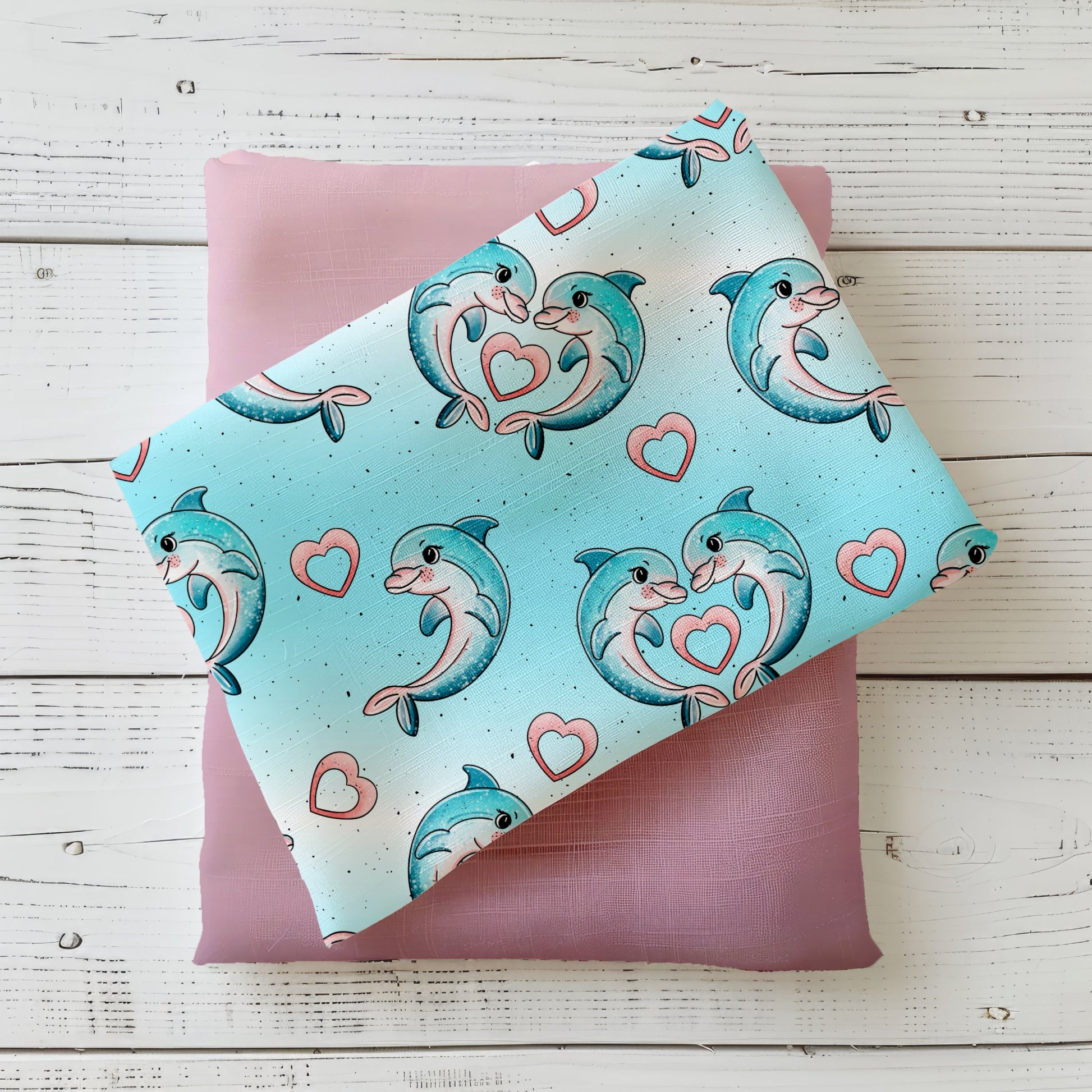 Sanftes Delfin-Design mit Herzen in Türkis & Rosé. „Delfinchen“ von Katzengold-Designs – liebevoll, harmonisch & exklusiv bei Stich & Schere entdecken!