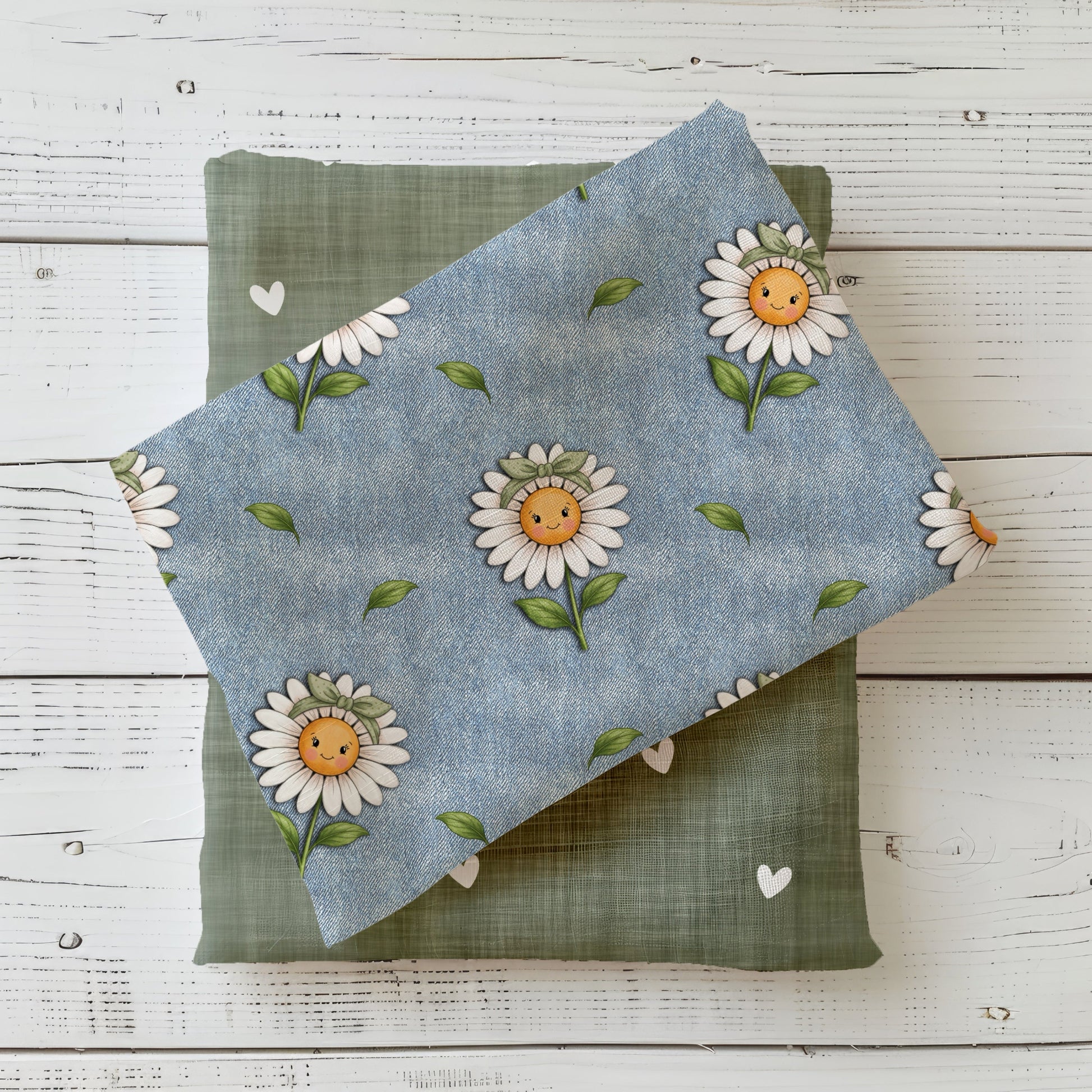 Stoff mit Gänseblümchen im Denim-Look als Kombistoff für Kinderkleidung