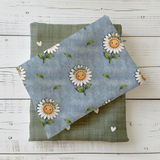 Stoff mit Gänseblümchen im Denim-Look als Kombistoff für Kinderkleidung