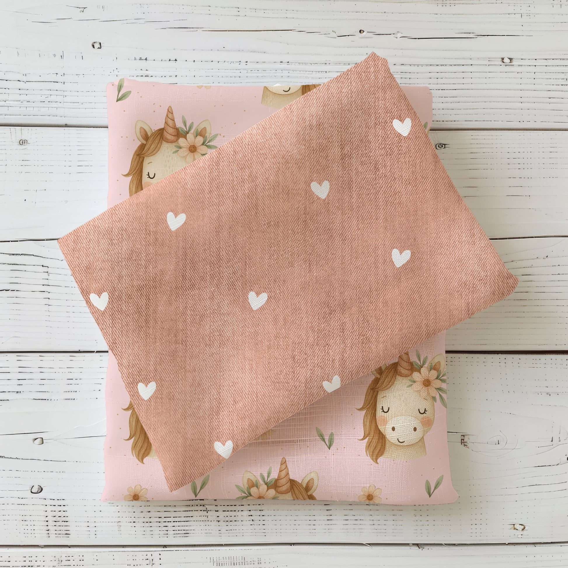 Apricotfarbener Stoff im Denim-Look mit Herzmuster passend zu Einhornpanel und Kinderstoffen