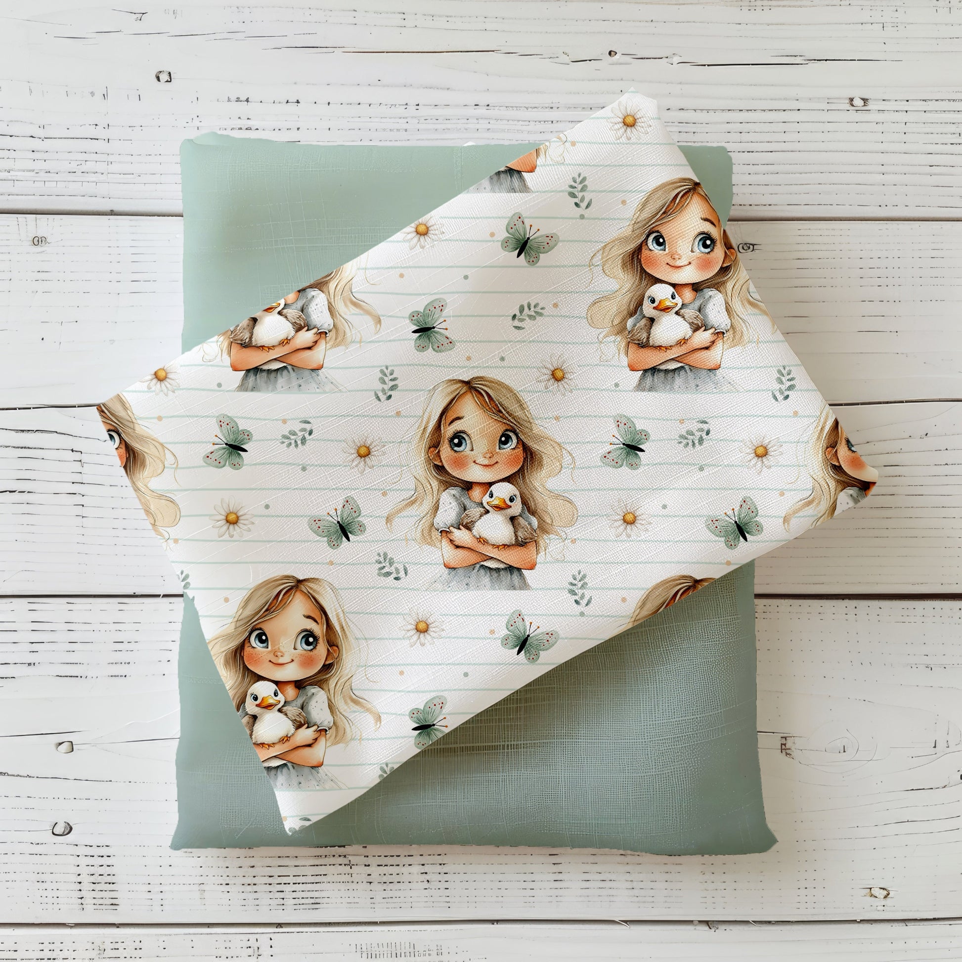 Mockup: Stoff „Entenmädchen“ – Mädchen mit Entchen, Schmetterlinge & Gänseblümchen auf hellen Salbei-Streifen; Stoffkachel diagonal auf passendem Uni platziert.