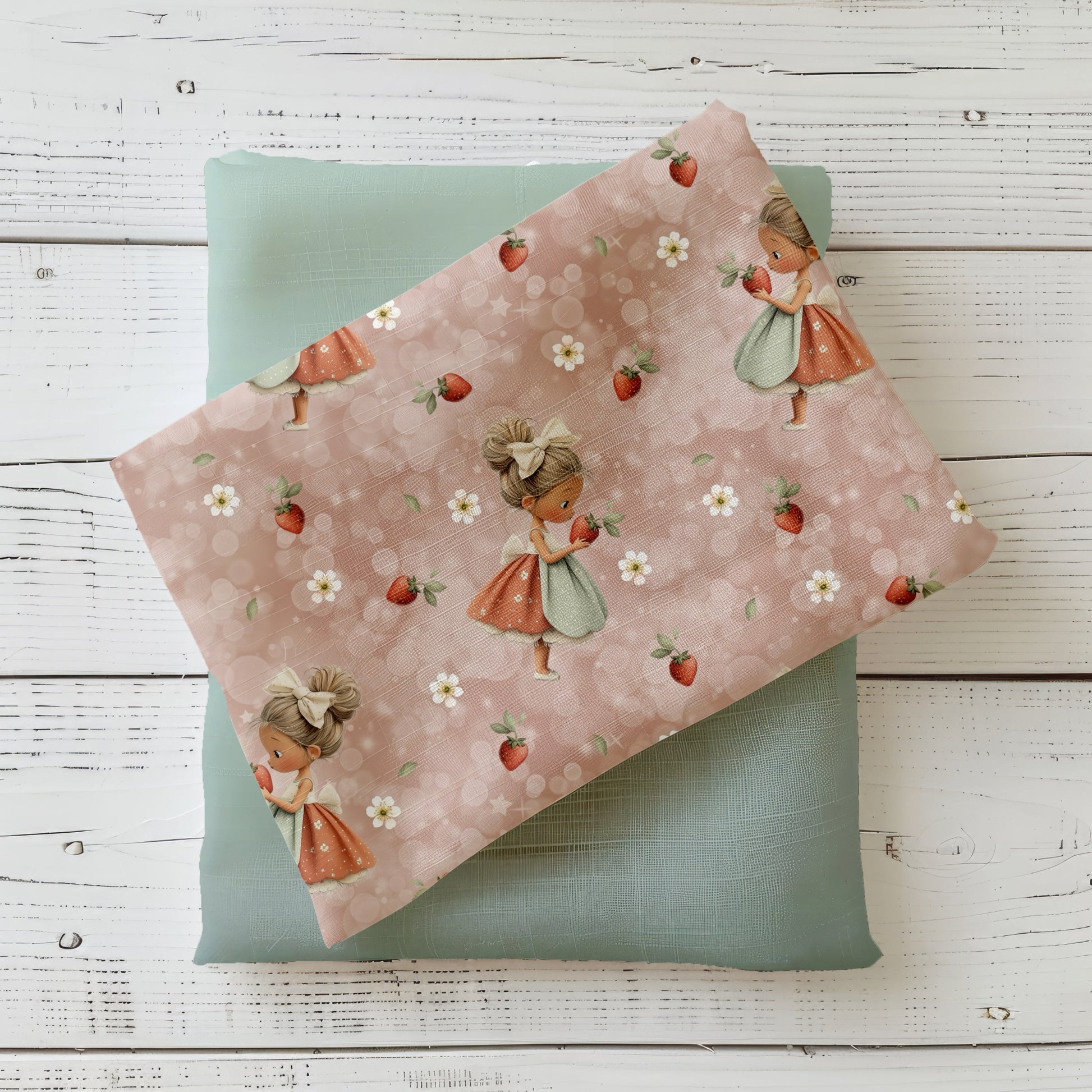 Erdbeermädchen Kinderstoff dekorativ auf hellem Holzhintergrund drapiert – Mädchenstoff in Rosé mit Erdbeeren und Blüten
