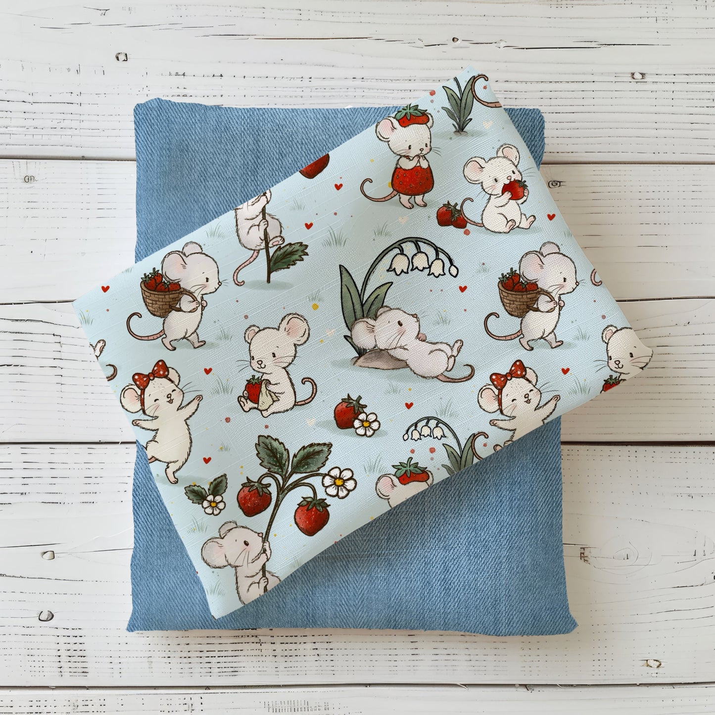 Baumwollstoff Erdbeermäuse mit niedlichen Mäusen und Erdbeeren von Fritten Design, fotografiert mit passendem Uni-Kombistoff.