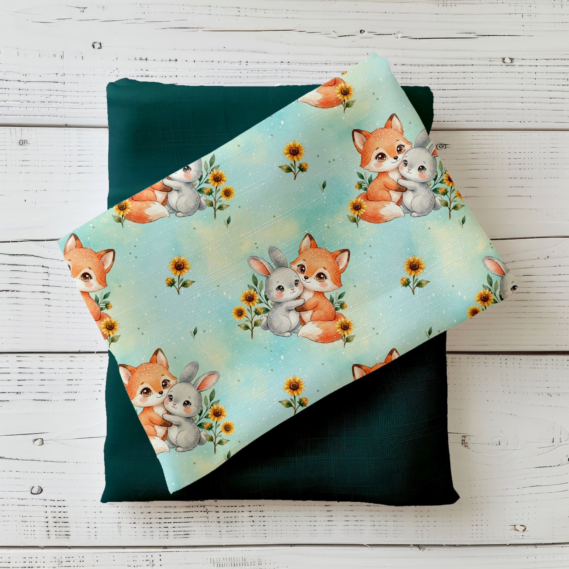 Kinderstoff Frühlingsfreunde mit Fuchs und Hase zwischen Sonnenblumen auf hellem Hintergrund