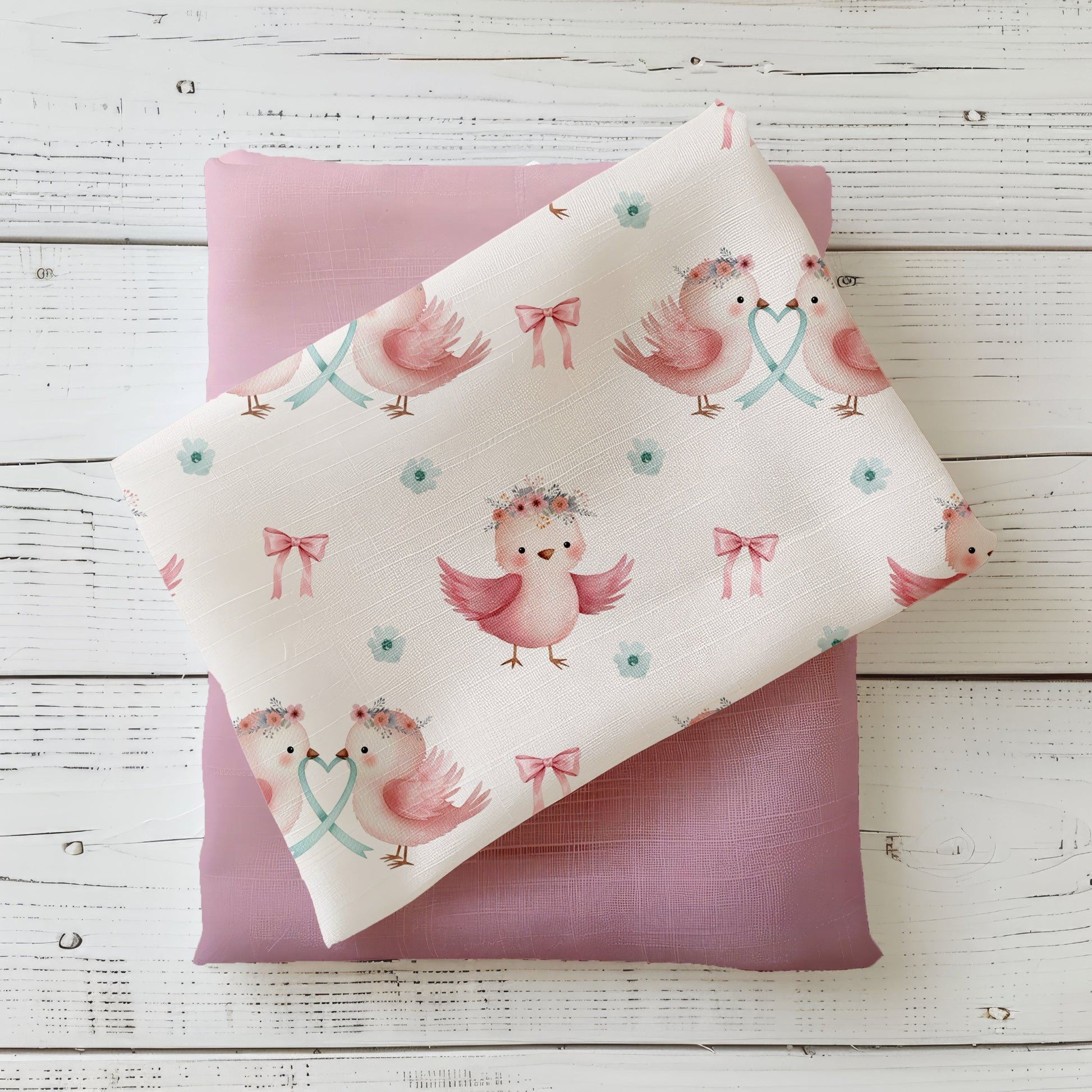 Kinderstoff mit zwei Vögeln die ein Herz formen, Schleifen und kleinen Blüten in Rosé und Mint