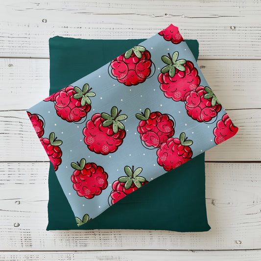 Mit „Kleine Himbeere“ zieht Sommerlaune in dein Nähzimmer ein! Fröhliche Himbeer-Motive im Katzengold-Design auf blauem Grund – perfekt für farbenfrohe Nähprojekte voller Lebensfreude.