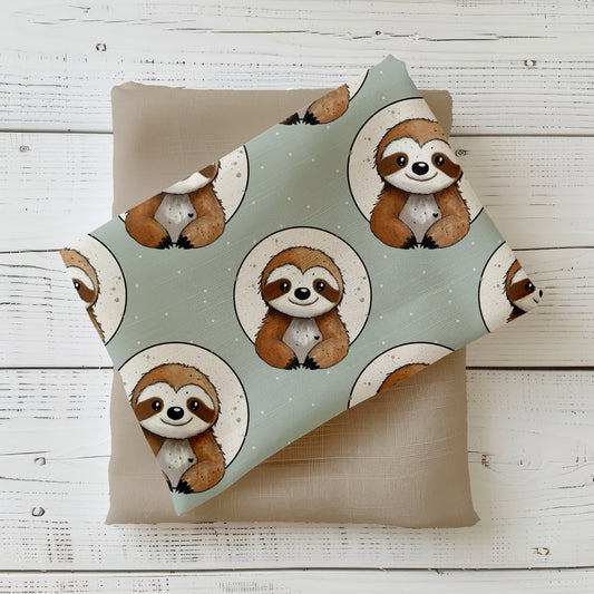 Kinderstoff „Kleines Faultier“ mit freundlich illustriertem Faultier auf sanft grünem Hintergrund, Design von Binschens Designs, kombiniert mit Uni-Stoff