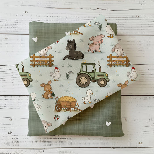 Kinderstoff mit Schaf, Schweinchen, Hase und Traktor
