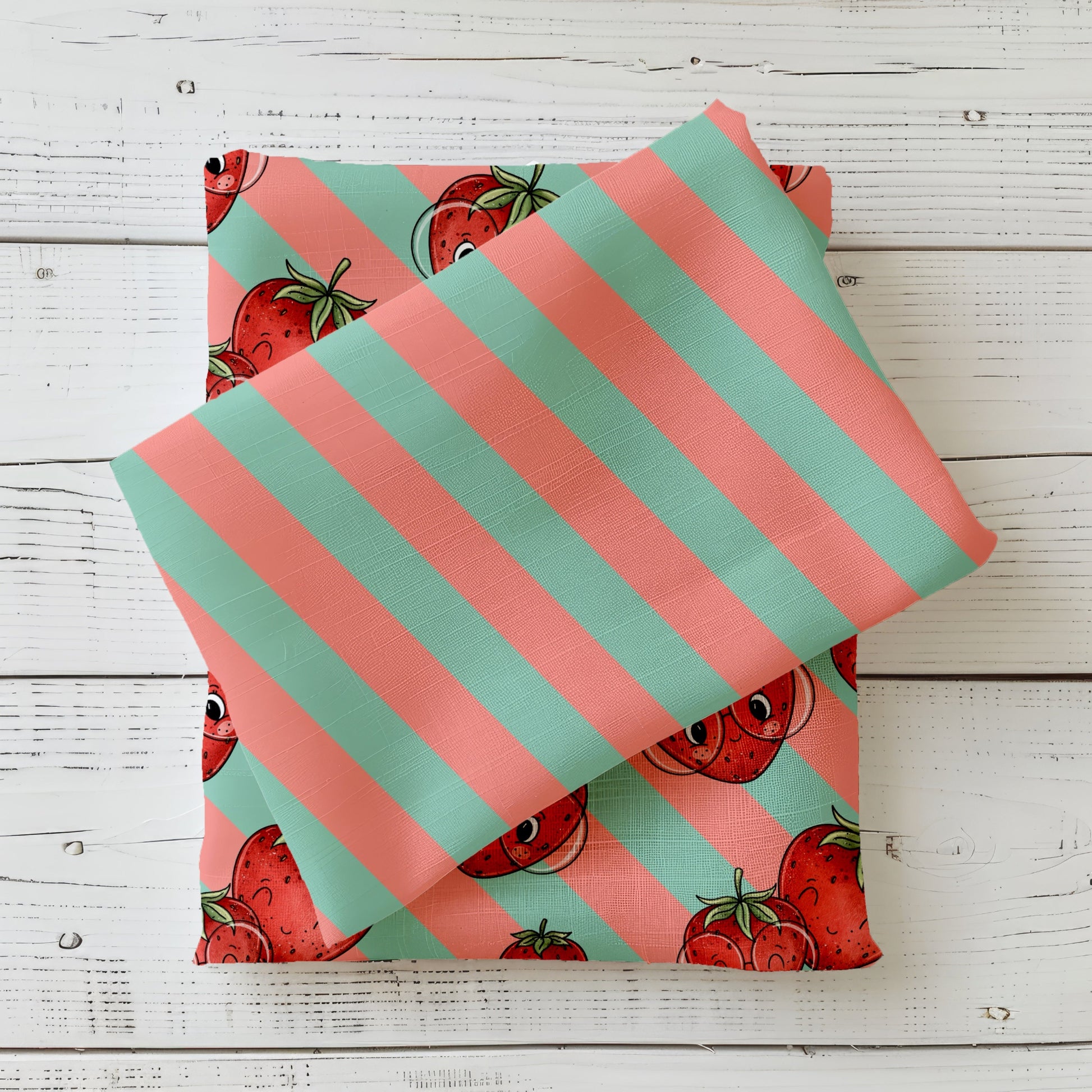 Mint-Apricot Streifenstoff kombiniert mit Erdbeer-Design Stoff, sommerlicher Kombistoff auf weißem Holz fotografiert