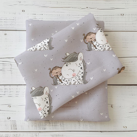 Gefalteter Kinderstoff Little Friends – Pony & Affe von Schnubbirella in Rosa-Grau auf einem unifarbenen Kombistoff, fotografiert als Stoff-Mockup auf weißem Holzhintergrund.