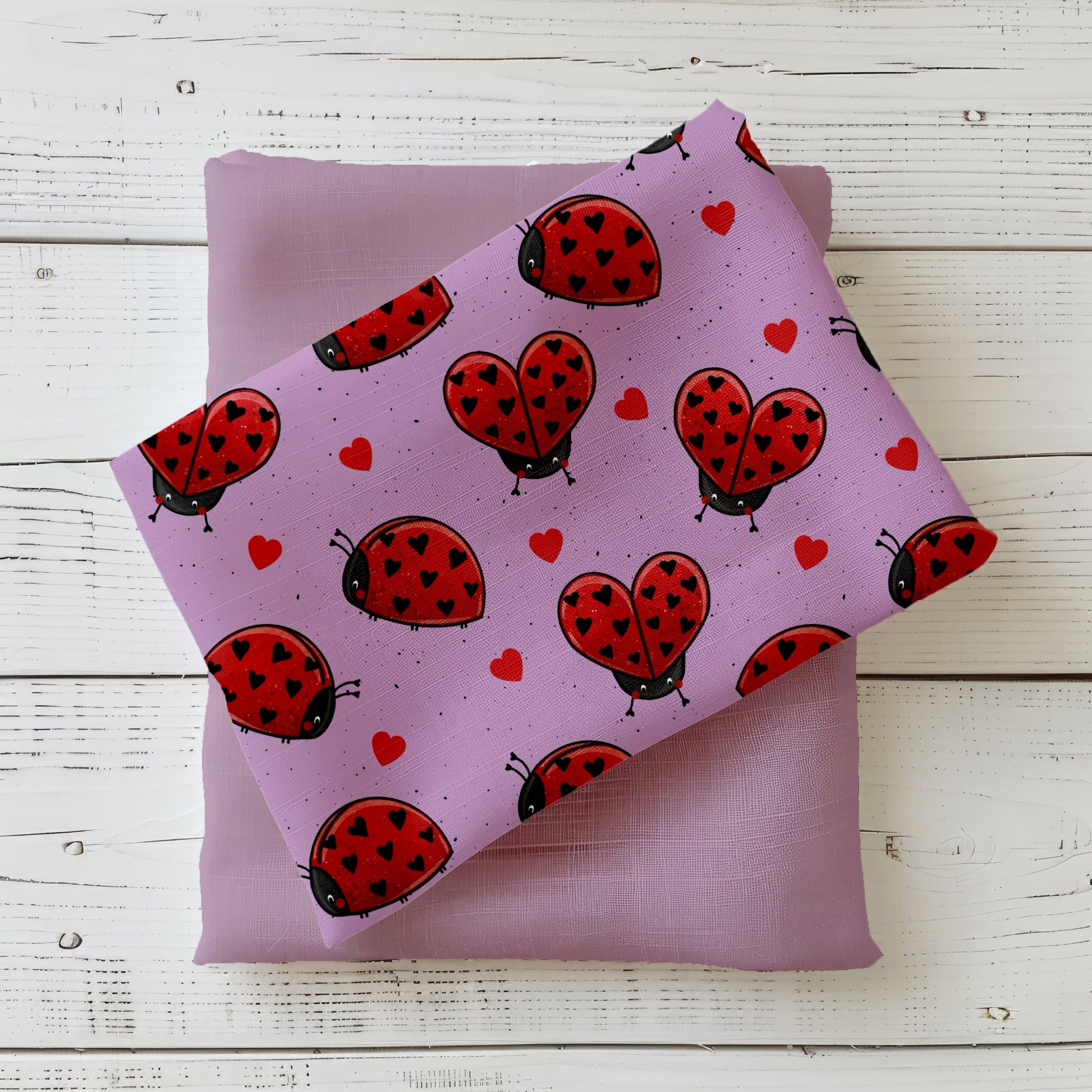 Love Bug Stoff mit Marienkäfern und Herzmotiven von Katzengold-Designs auf roséfarbenem Hintergrund mit passendem Uni-Stoff.