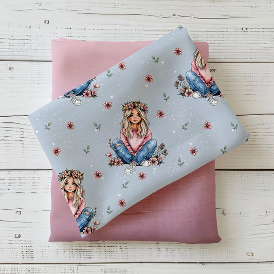 Zarter Stoff mit Blumenmädchen – Perfekt für Kleider, Shirts, Röcke & mehr.