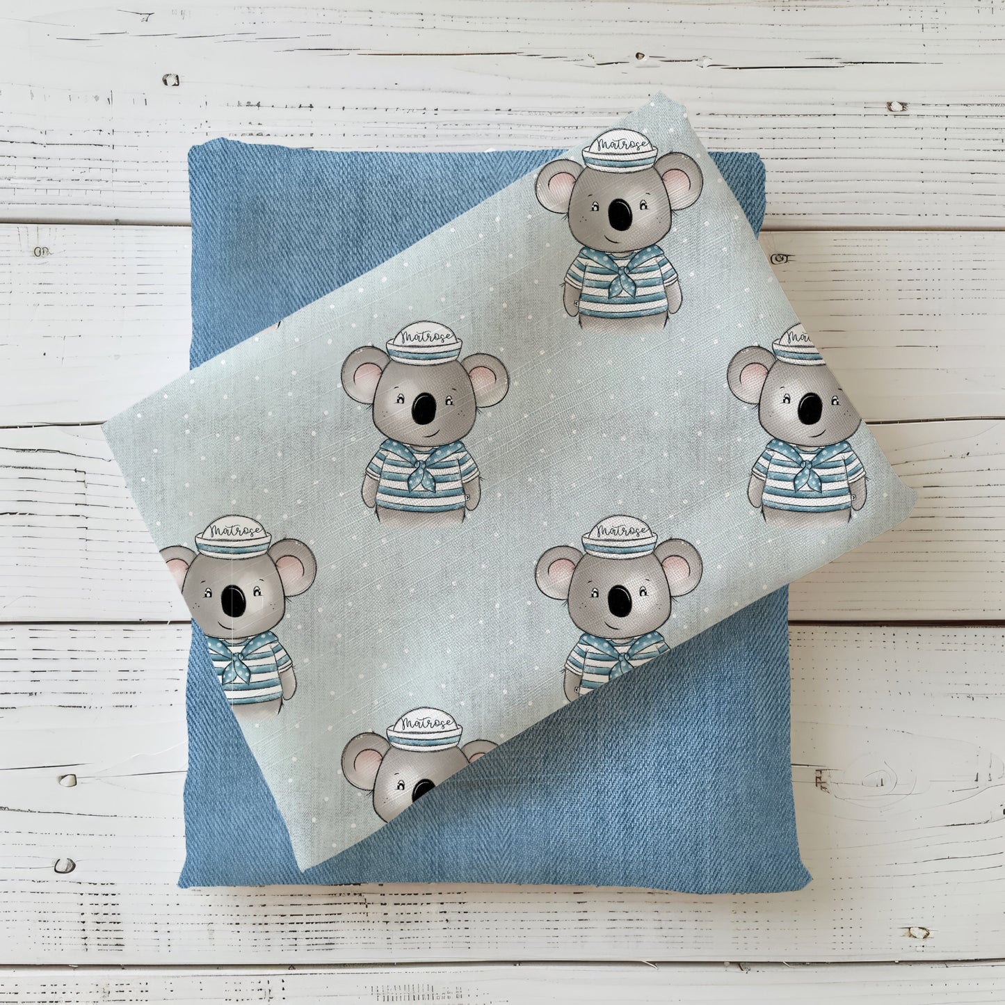 Matrose Koala Stoff mit niedlichem Koala im Matrosenlook kombiniert mit passendem Uni-Stoff in Jeansblau