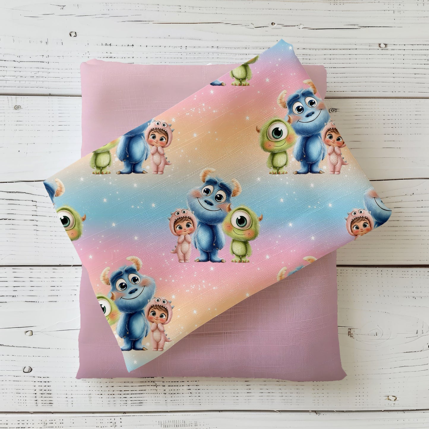 Mockup: Stoff „Monsterfreunde“ mit drei freundlichen Monstern auf Regenbogenverlauf, oben aufgelegt auf einem fliederfarbenen Kombistoff, fotografiert auf hellem Holz.