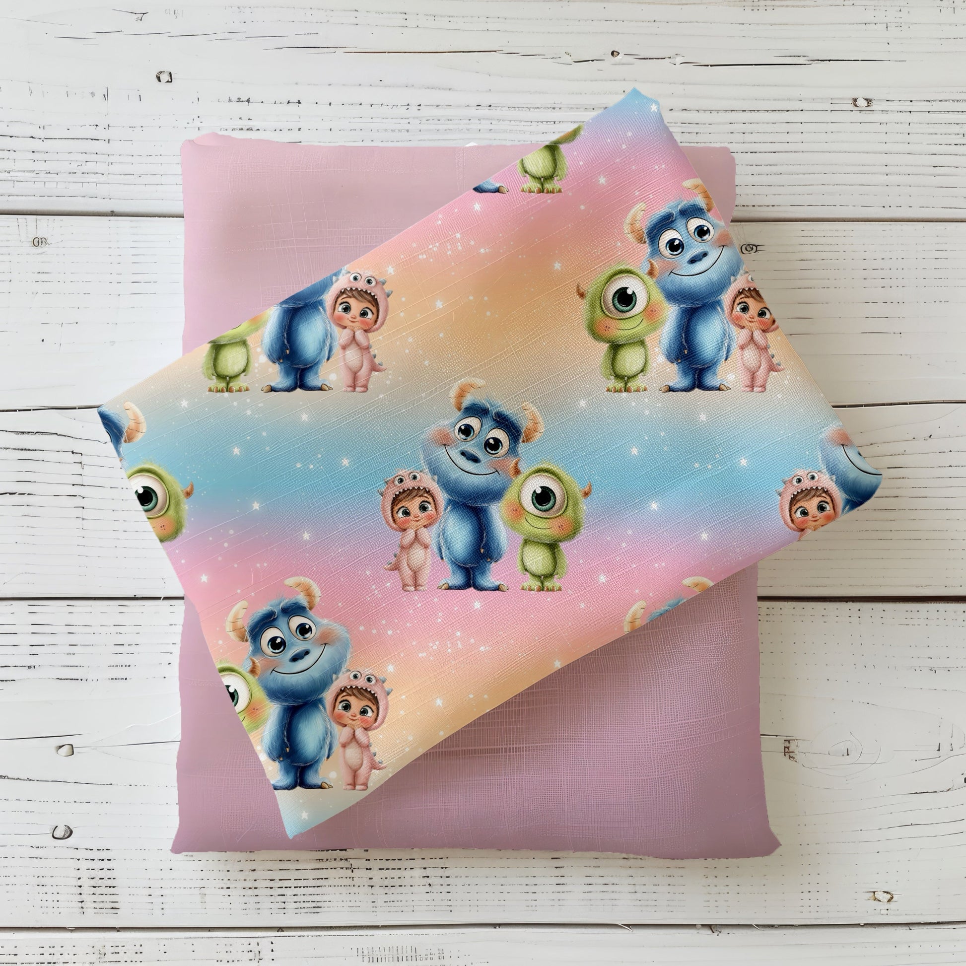 Mockup: Stoff „Monsterfreunde“ mit drei freundlichen Monstern auf Regenbogenverlauf, oben aufgelegt auf einem fliederfarbenen Kombistoff, fotografiert auf hellem Holz.