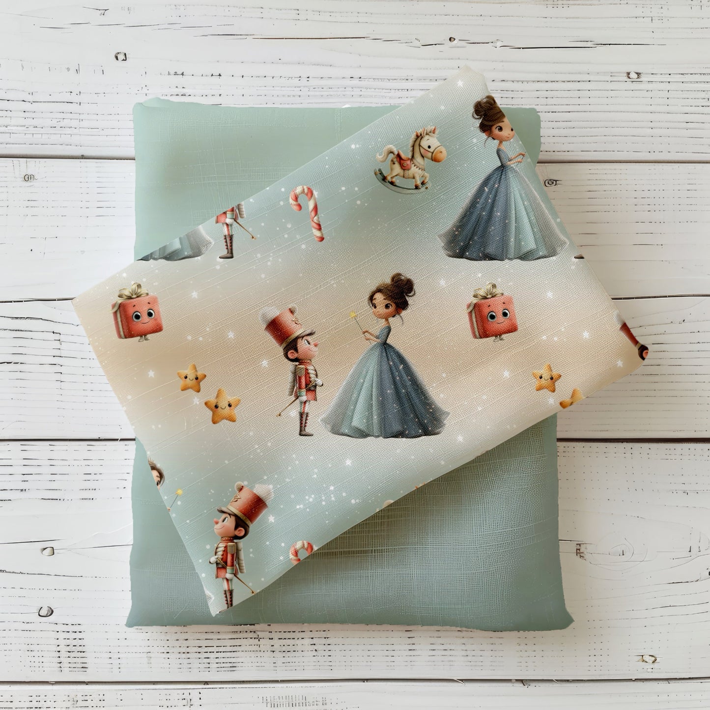 Verspieltes Design „Nussknacker“ mit Tänzerin, Nussknacker-Soldat, Geschenken und Zuckerstangen auf zartem Farbverlauf in Creme und Mint