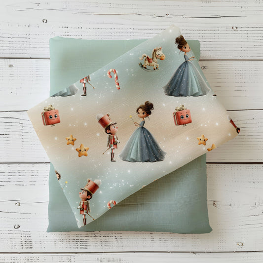 Verspieltes Design „Nussknacker“ mit Tänzerin, Nussknacker-Soldat, Geschenken und Zuckerstangen auf zartem Farbverlauf in Creme und Mint