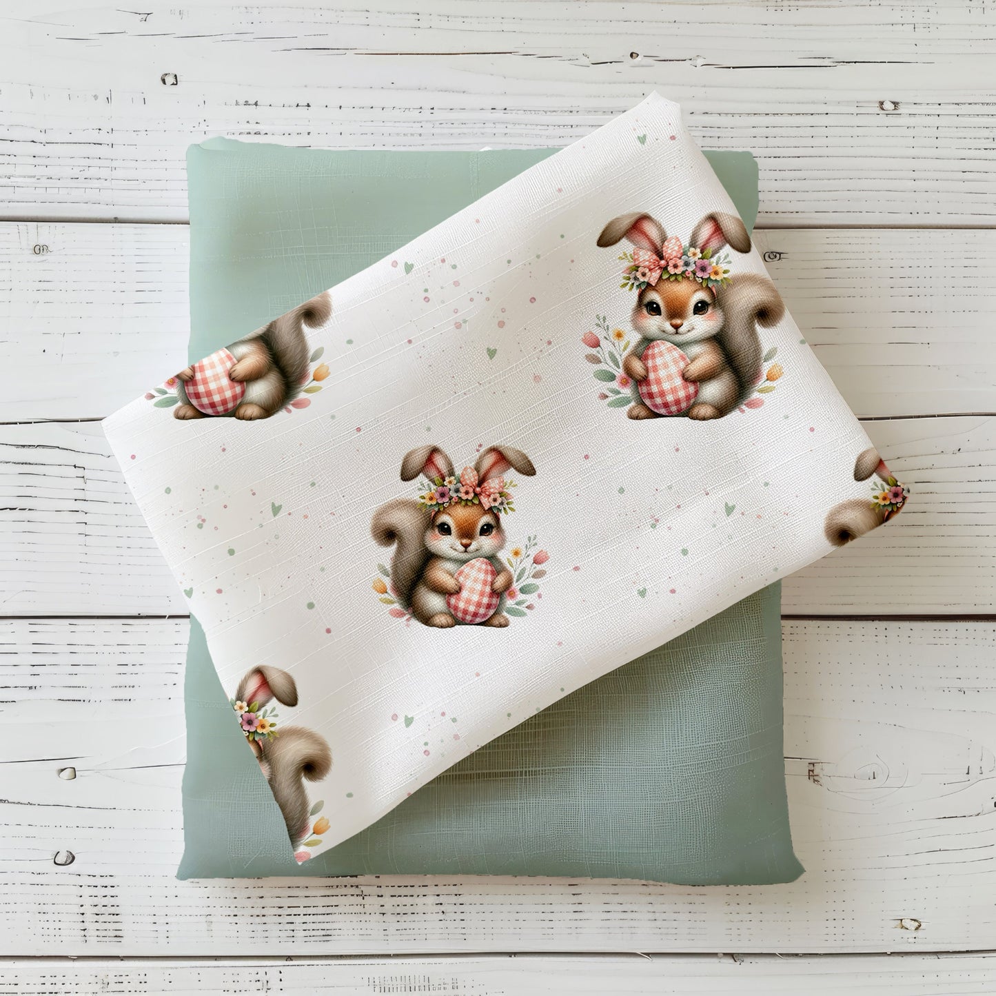 Kinderstoff Osterhörnchen mit Blumenkranz und Osterei auf hellem Frühlingshintergrund