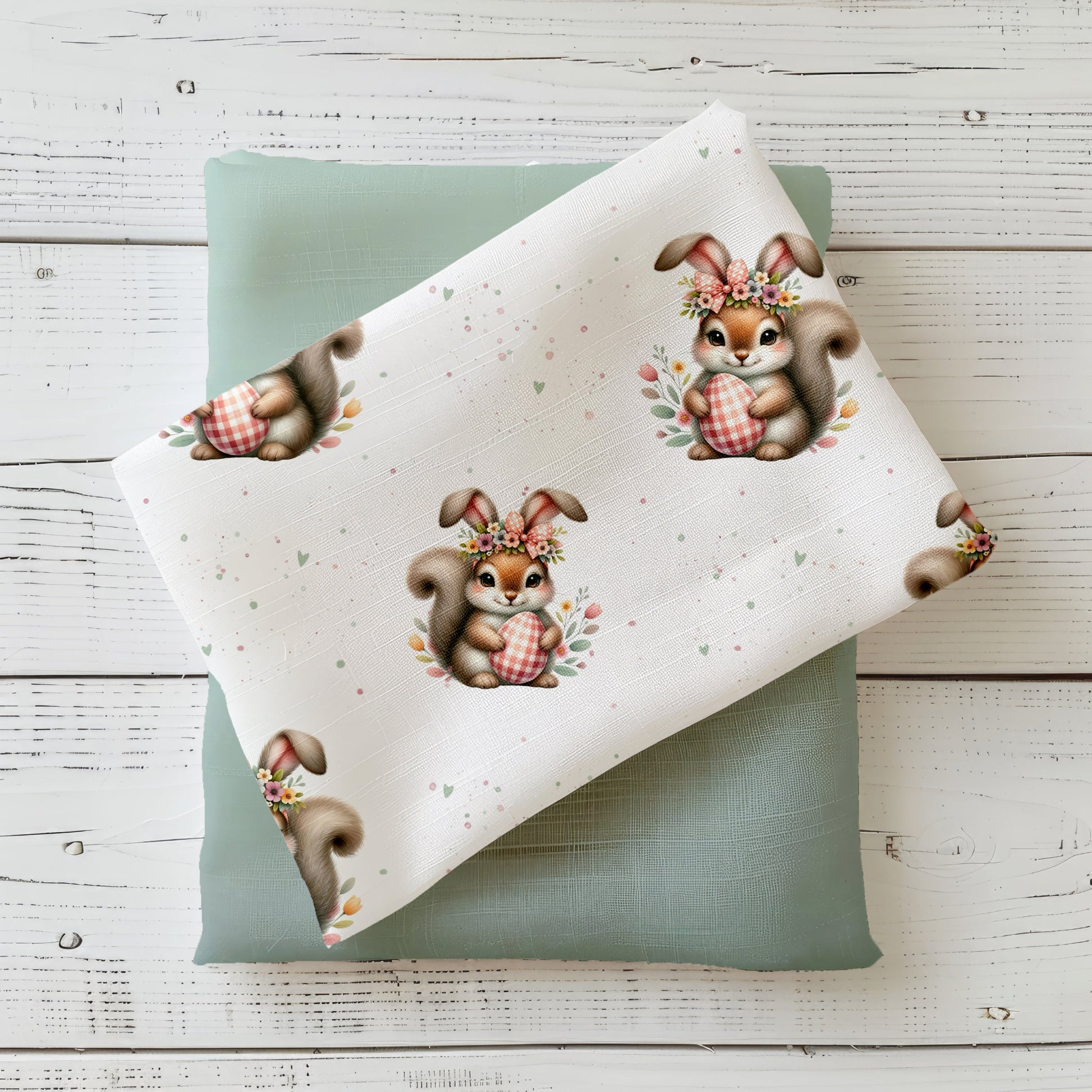 Kinderstoff Osterhörnchen mit Blumenkranz und Osterei auf hellem Frühlingshintergrund