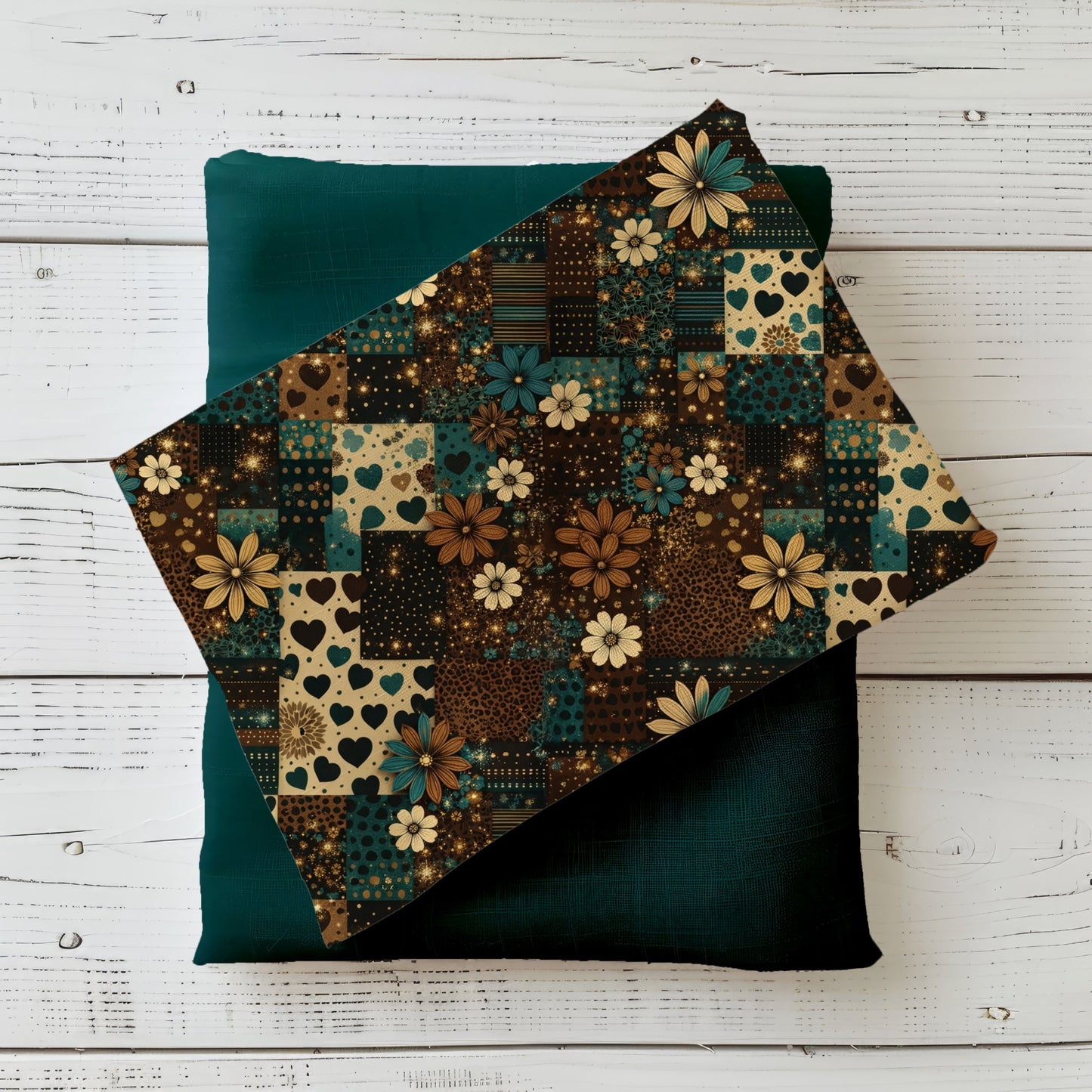 Patchwork Dreams Petrol Stoffdesign mit Patchwork-Muster, Herzen und Blüten in Petrol, Creme und Braun kombiniert mit passendem Uni-Stoff in Petrol