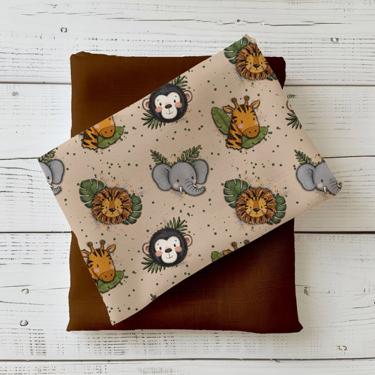 Safari Freunde Beige Stoff kombiniert mit passendem Uni-Stoff in Cognac für Kinderkleidung und Accessoires.
