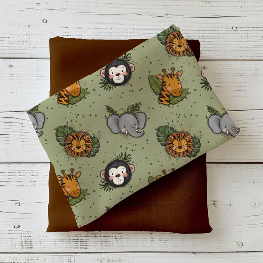 Safari Freunde Salbei Stoff kombiniert mit passendem Uni-Stoff in Cognac für Kinderkleidung und Accessoires.