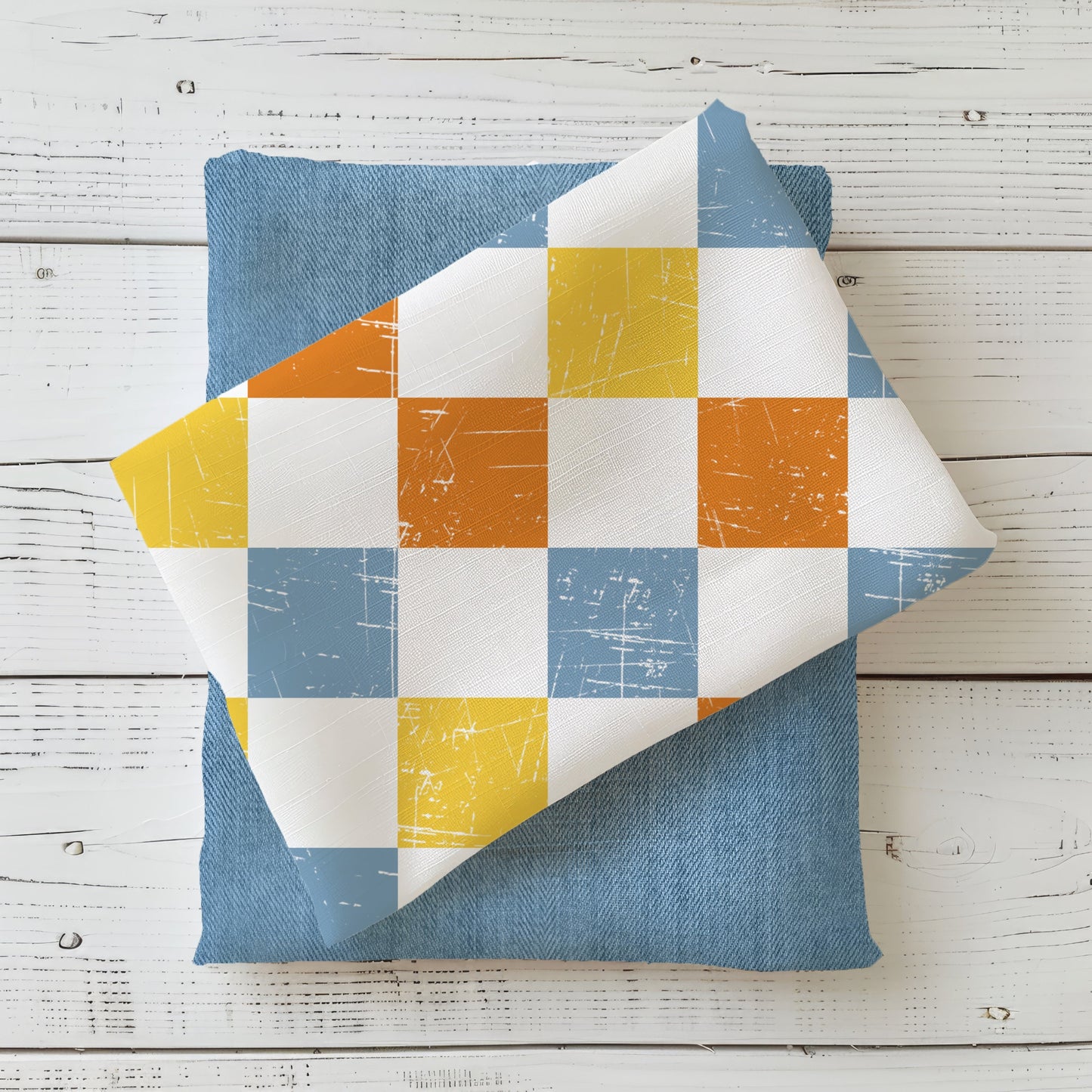 Bunter Schachbrett Stoff mit Used-Optik in Blau, Gelb und Orange